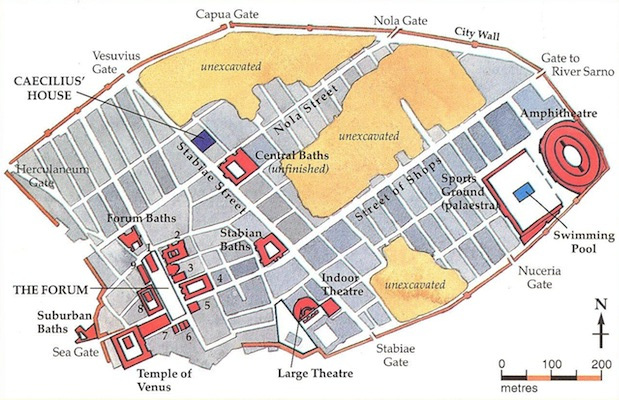 Plan of Pompeii showing excavated and unexcavated regions